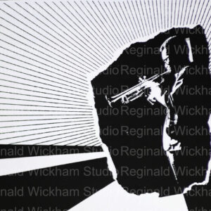 Black and white abstract photograph of man playing the trumpet in creative backdrop