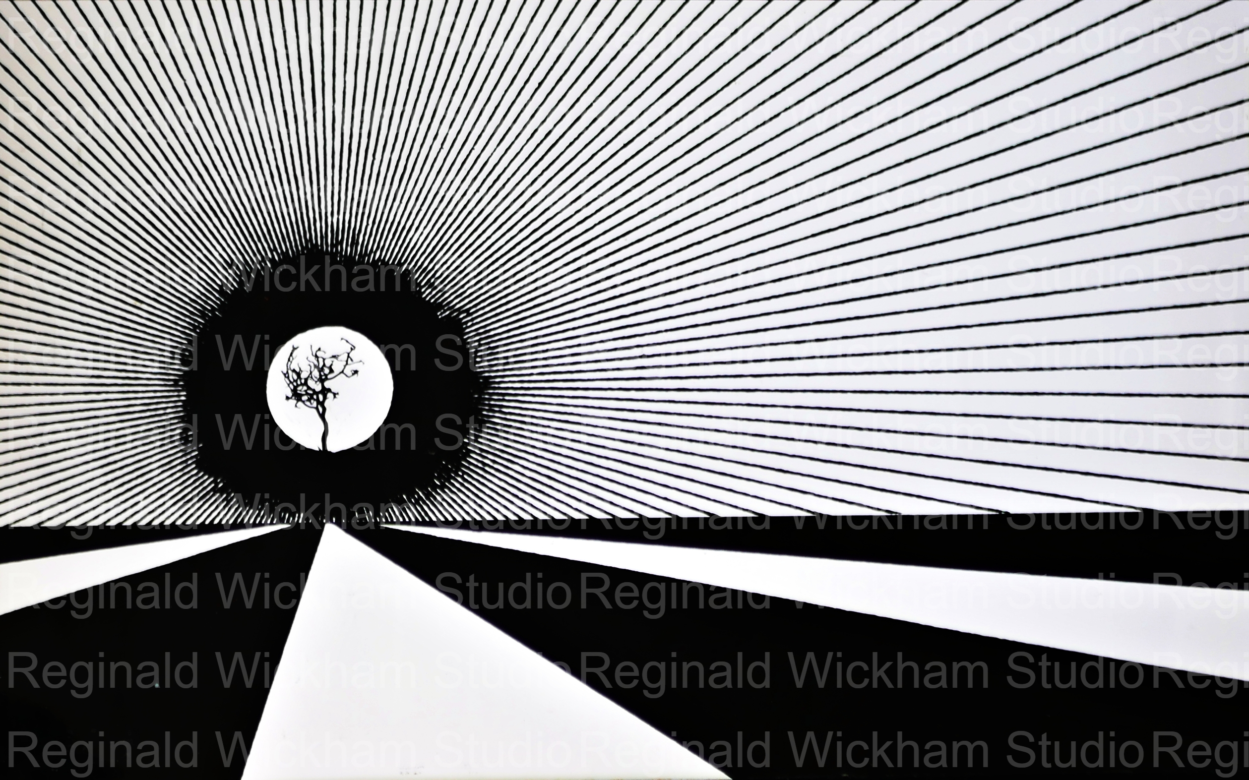 Abstract black and white photograph with stripes with a circle as focal point