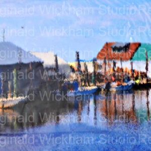 Blurrily developed photograph of a small boat town harbor