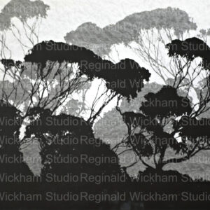 landscape photography of a silhouetted tree line inverted and superimposed onto itself