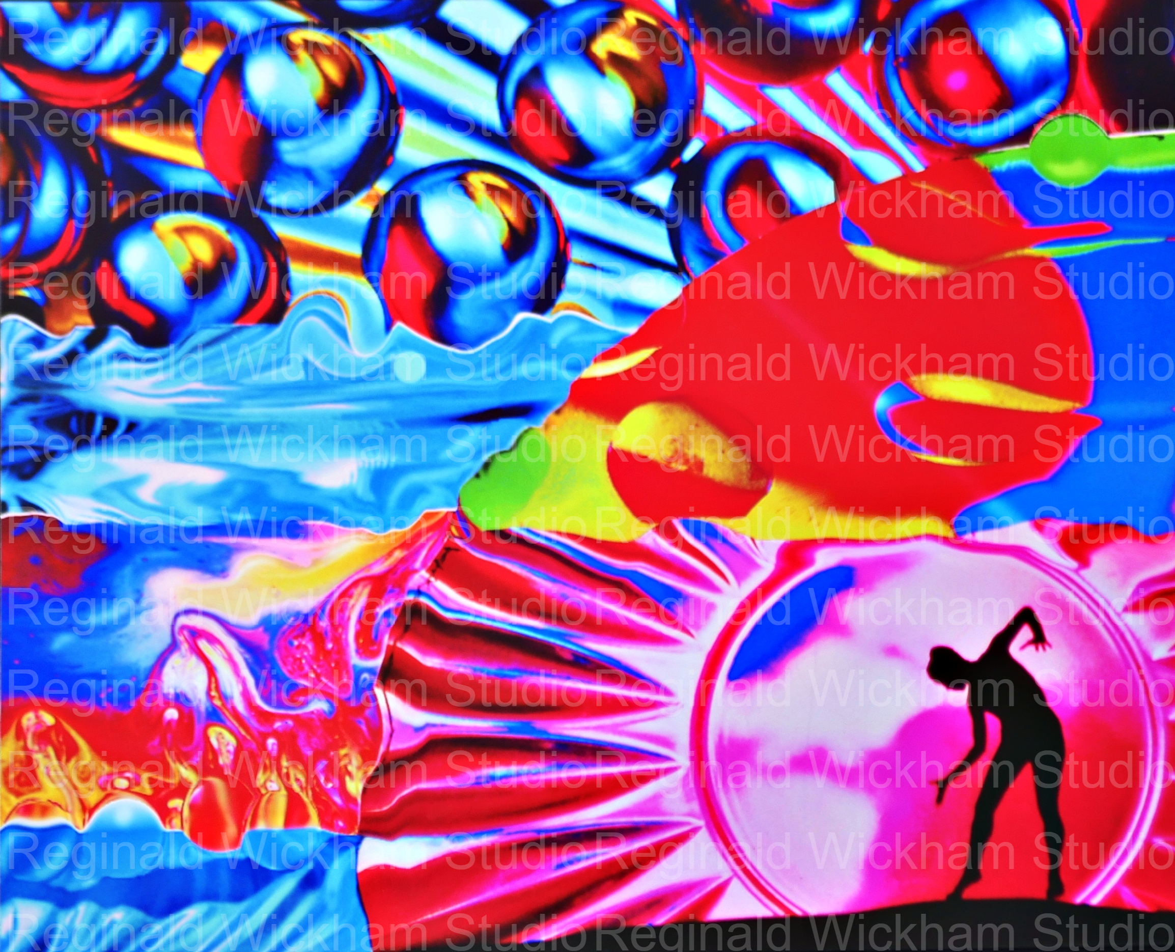 Colorful art piece that mixes photograph of silhouetted dancer in an abstract and colorful world of circles