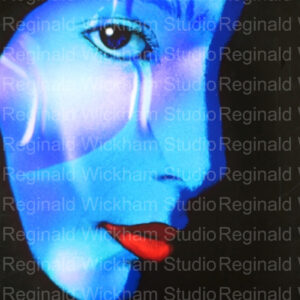 Close up abstract photo of blue female face with red lips