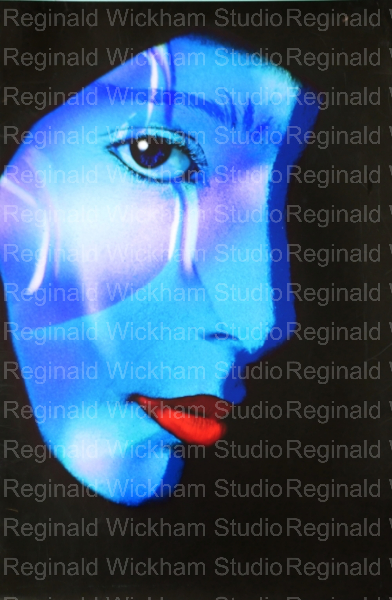 Close up abstract photo of blue female face with red lips