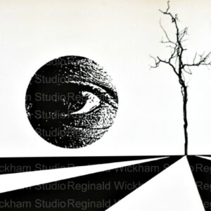 Abstract wall art of an edit large eye looking at a small silhouetted tree