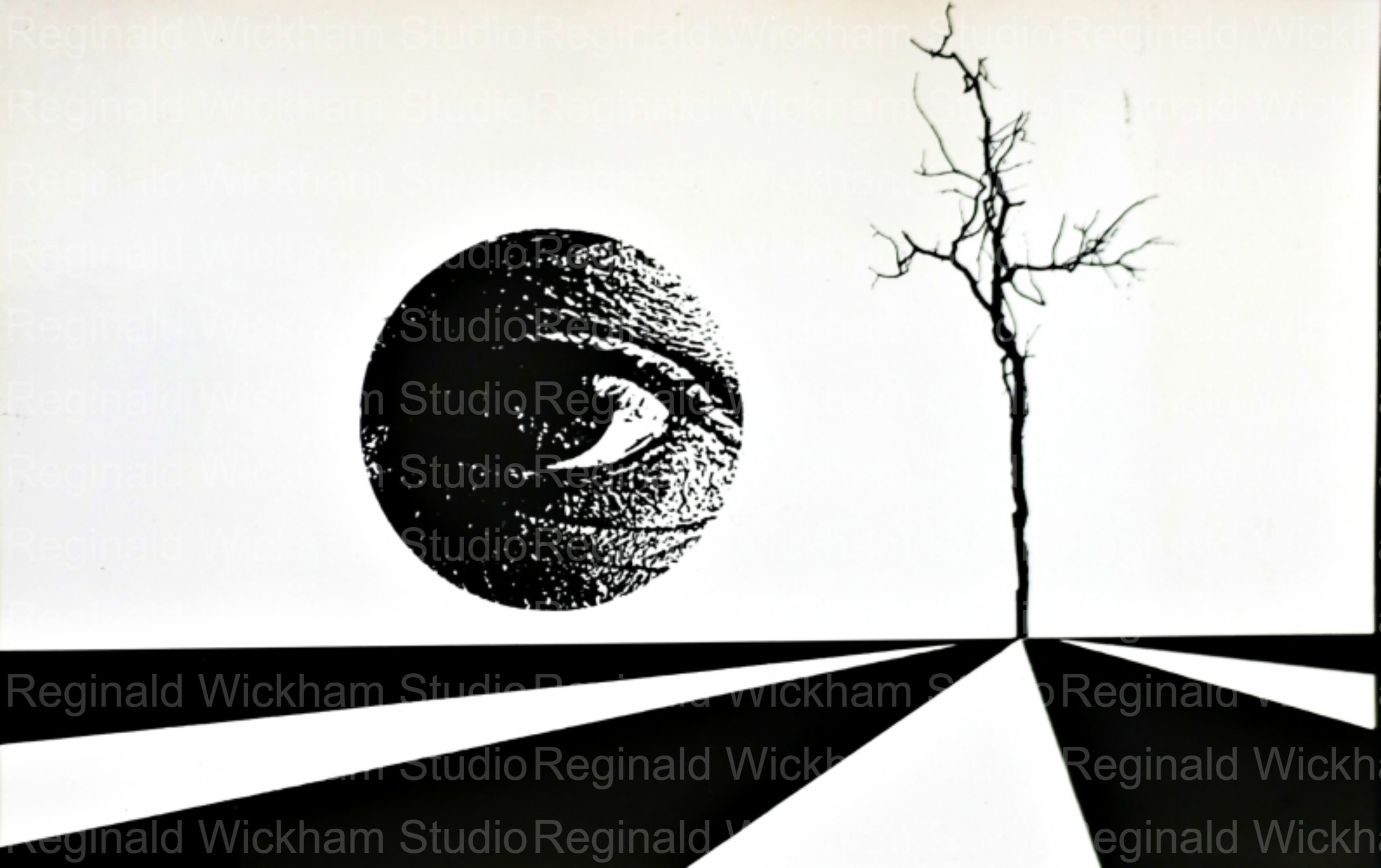 Abstract wall art of an edit large eye looking at a small silhouetted tree