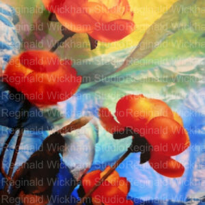 colorful photograph of four flowers close up growing from left to right in front of abstract backdrop