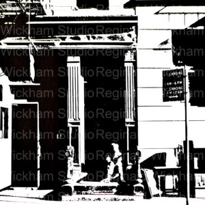 Black and wh0ite photograph of a harlem street in the 1940s with man on stoop