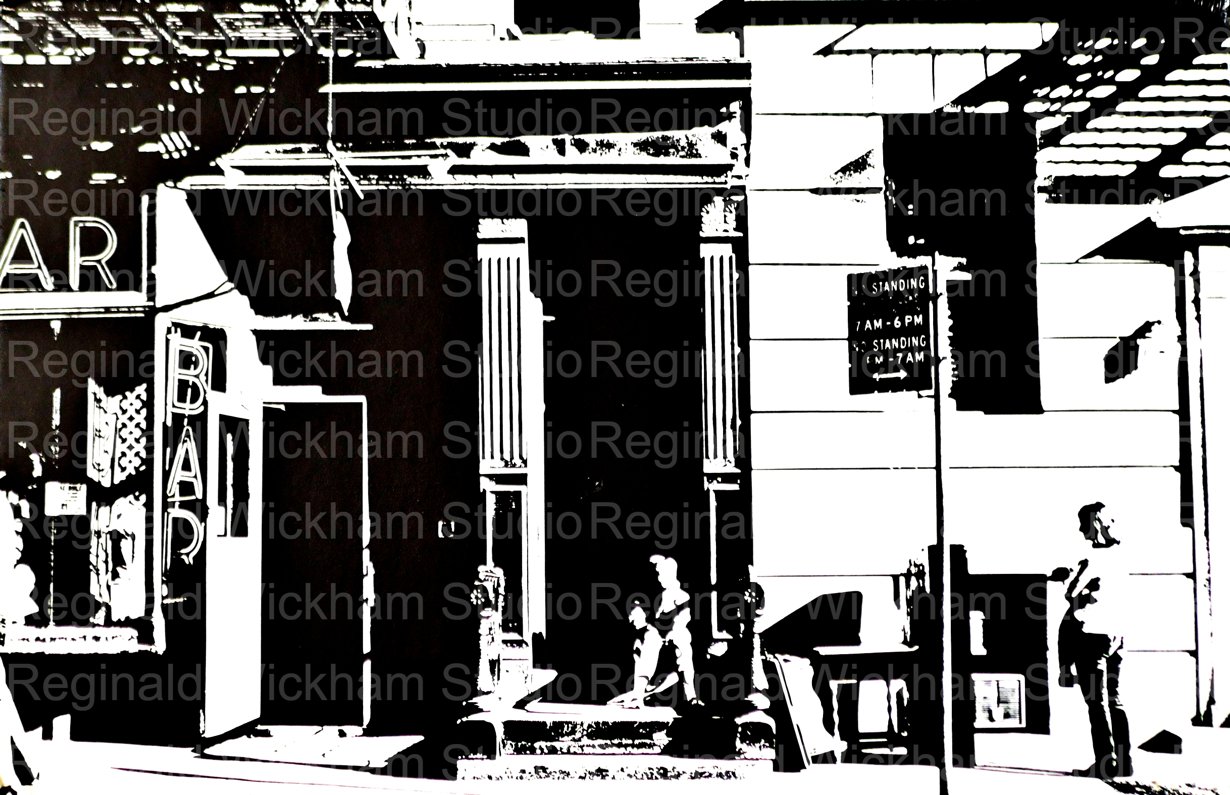 Black and wh0ite photograph of a harlem street in the 1940s with man on stoop