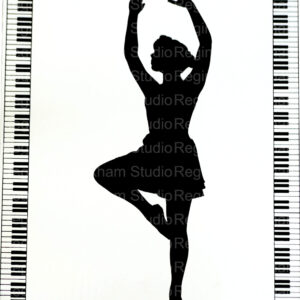 Silhouette of a girl dancing ballet framed all around by a piano key pattern