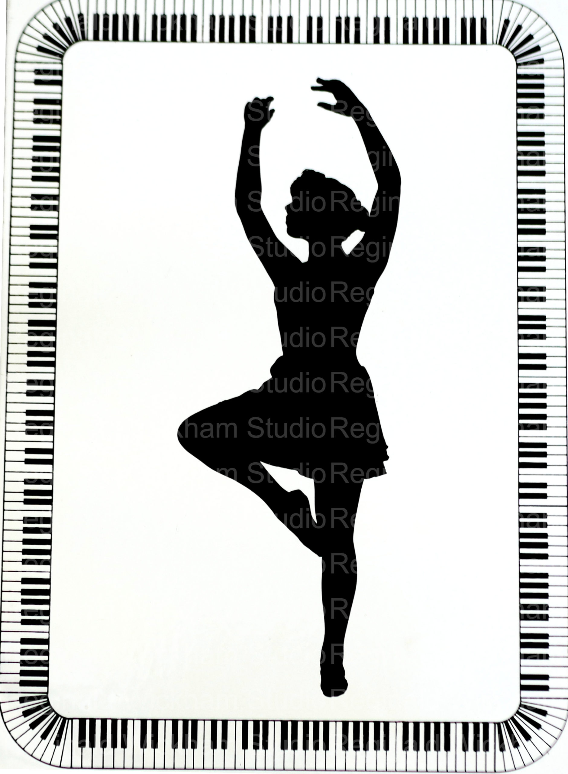 Silhouette of a girl dancing ballet framed all around by a piano key pattern