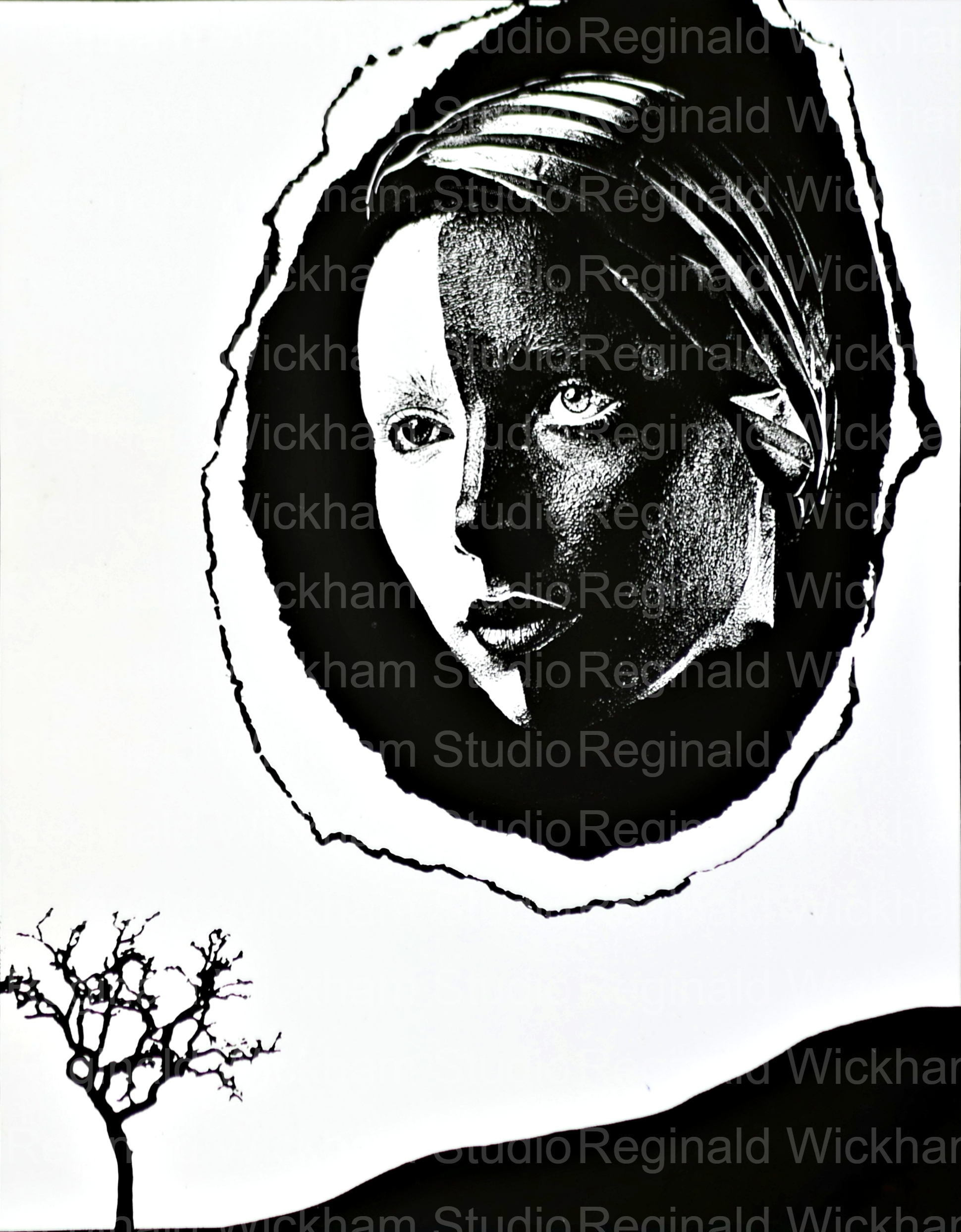 Abstract photograph of face split down the middle half black and half white infused onto a contrasted black and white photo of a tree in the distance on a hill