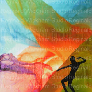 Silhouetted dancer in front of abstract blue and red background