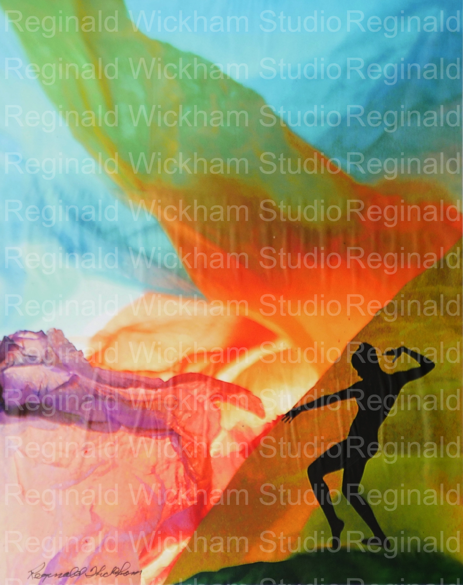 Silhouetted dancer in front of abstract blue and red background