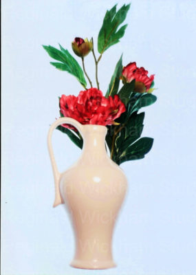 A photograph of flowers in a white vase with a light blue background.