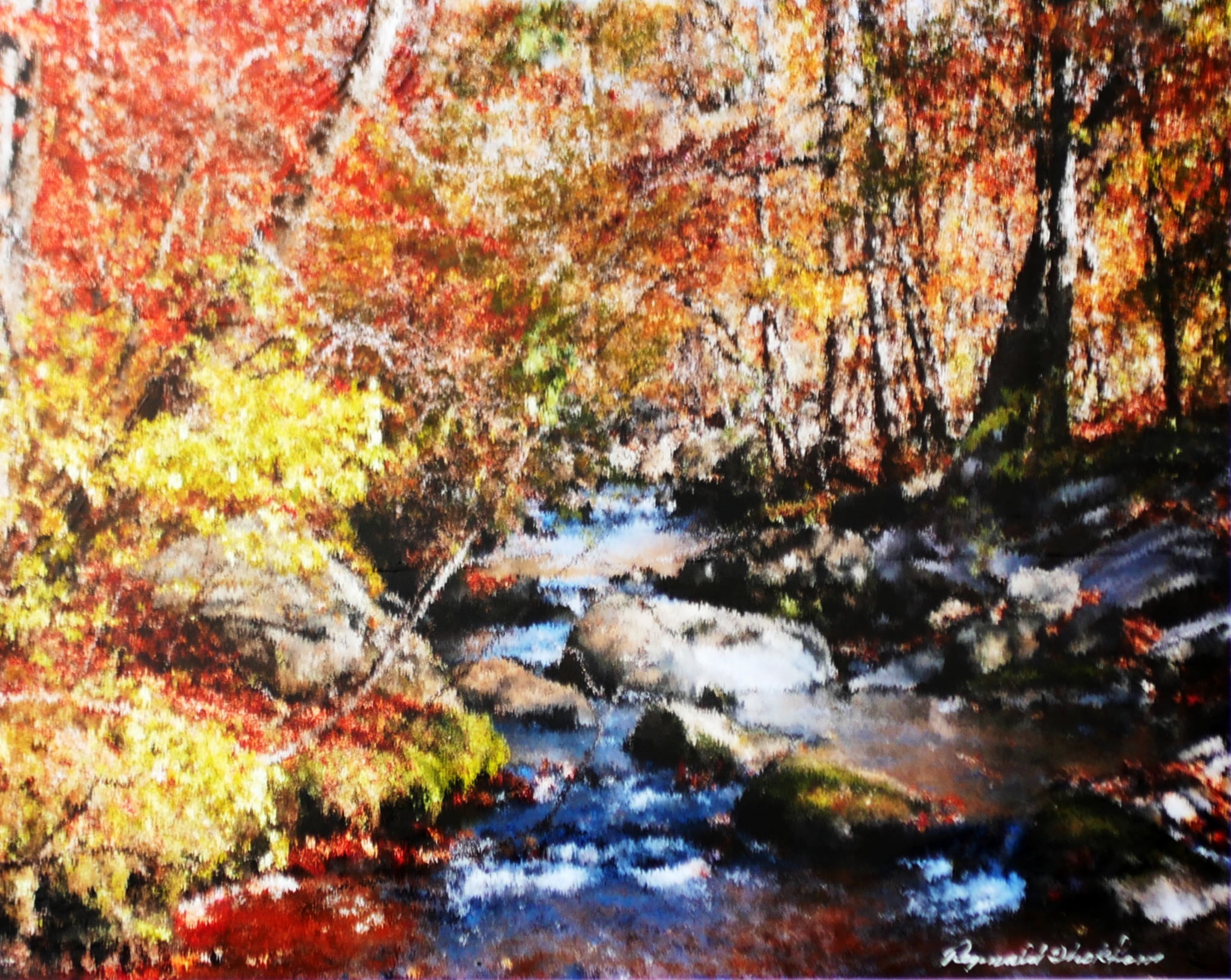 Photograph of a blurry creek. Original Artwork. Rustic colored outdoor picture